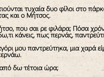 Συναντιούνται τυχαία δυο φίλοι στο πάρκο, ο Κώστας και ο Μήτσος.